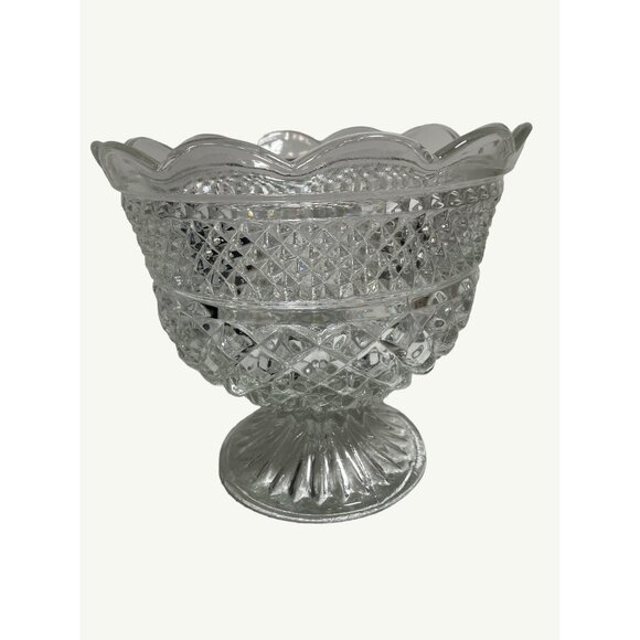 Clear Cut Glass Pedestal Bowl 8" across 7" Tall, Scalloped Edge Vintage - Picture 2 of 14